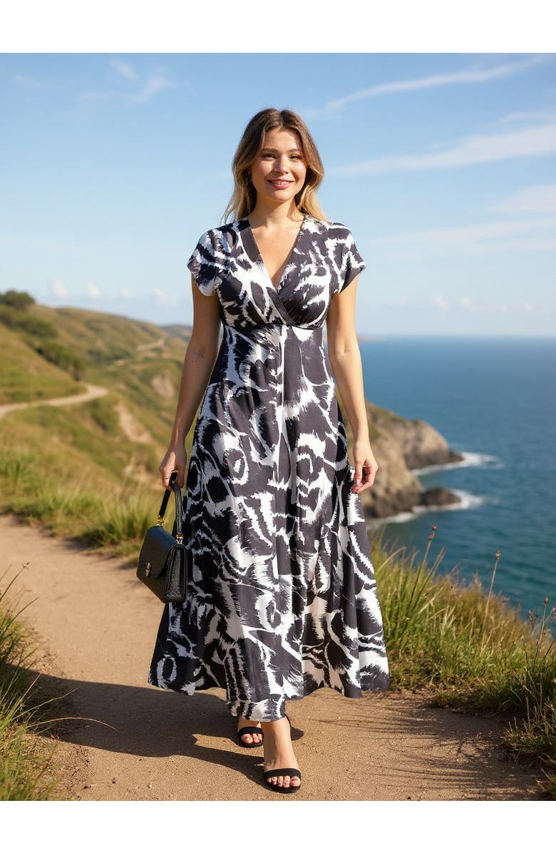 24seven Comfort Apparel Womens Essential Abstract V-Neck Empire Waist Cap Sleeve Maxi Dress, Alternate, color, Black Multi