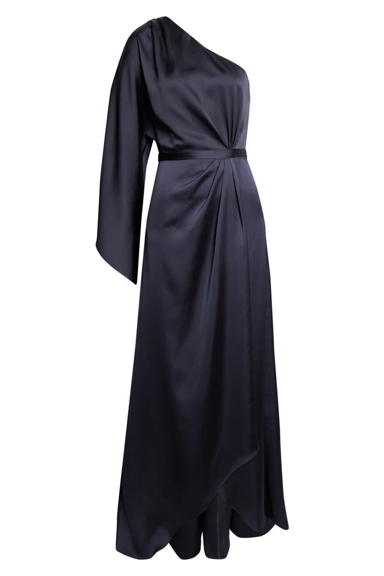 Opal One-Shoulder Single Long Sleeve Satin Gown, Alternate, color, NAVY