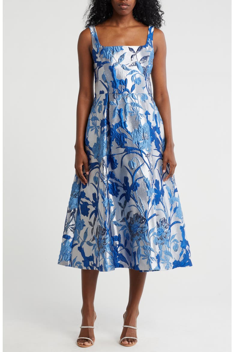 Floral Jacquard Fit & Flare Midi Dress, Main, color, BLUE SILVER