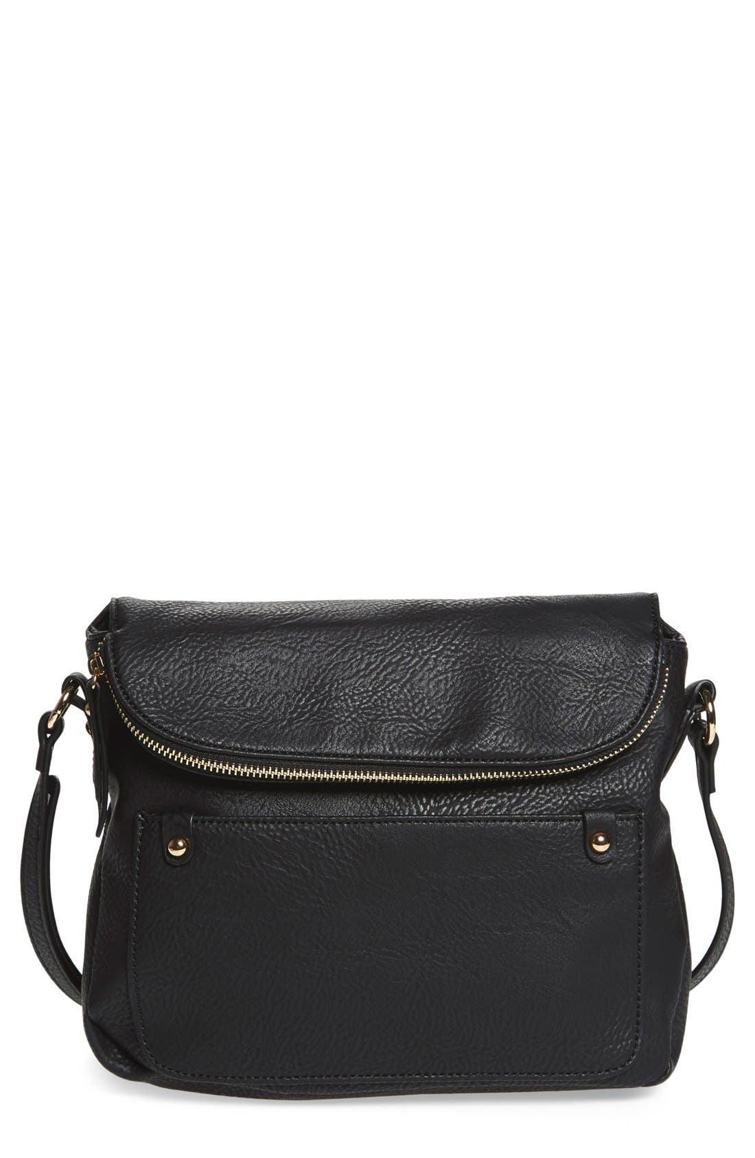 Zip Flap Faux Leather Crossbody Bag, Main, color, BLACK