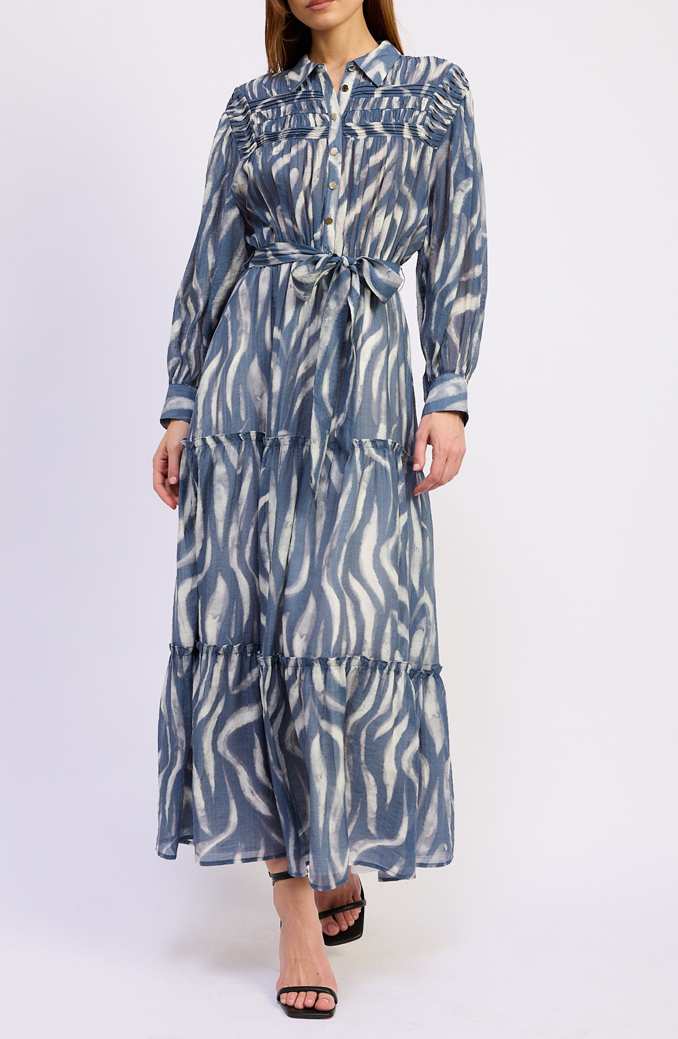 En Saison Cypress Long Sleeve Tie Belt Tiered Maxi Shirtdress