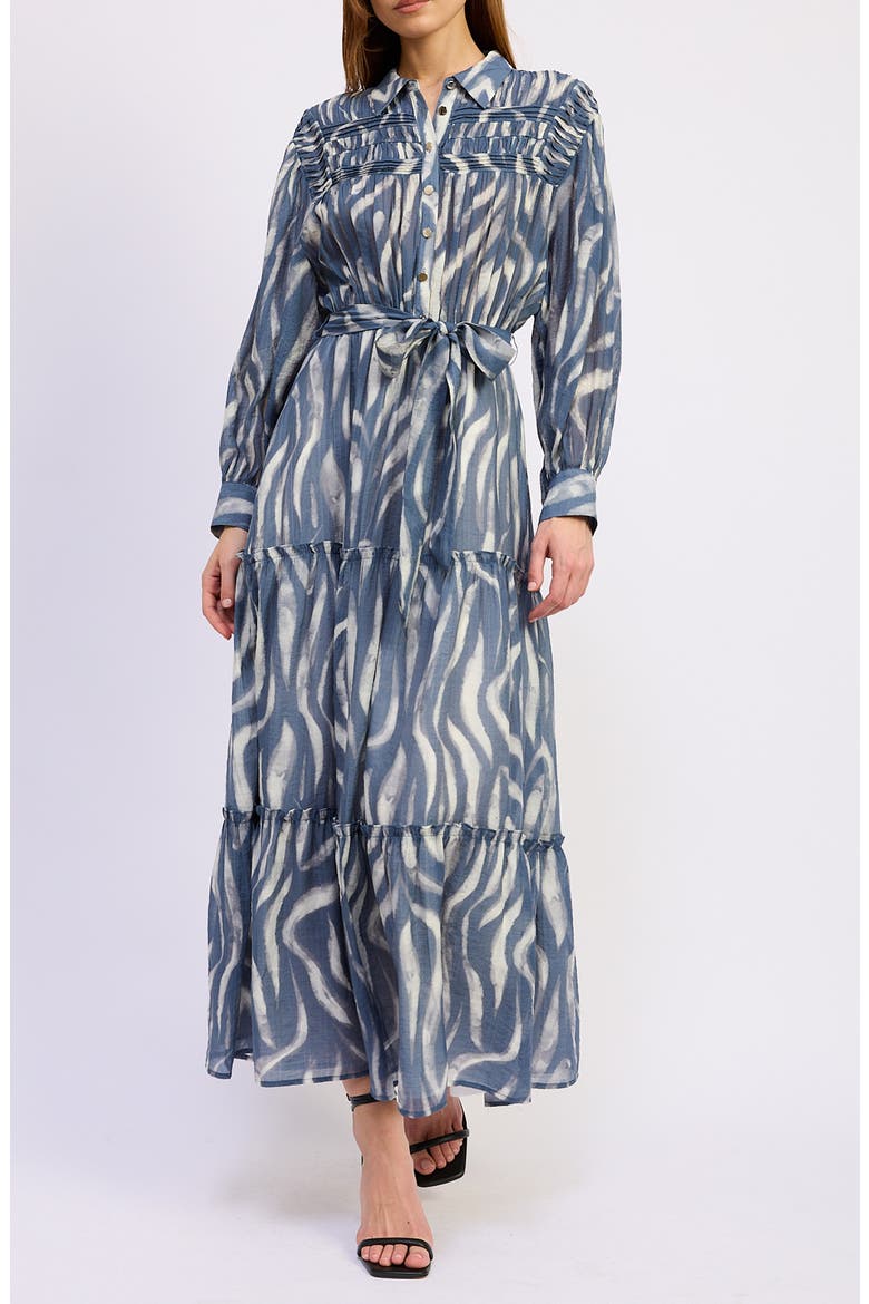 Cypress Long Sleeve Tie Belt Tiered Maxi Shirtdress, Main, color, SLATE IVORY