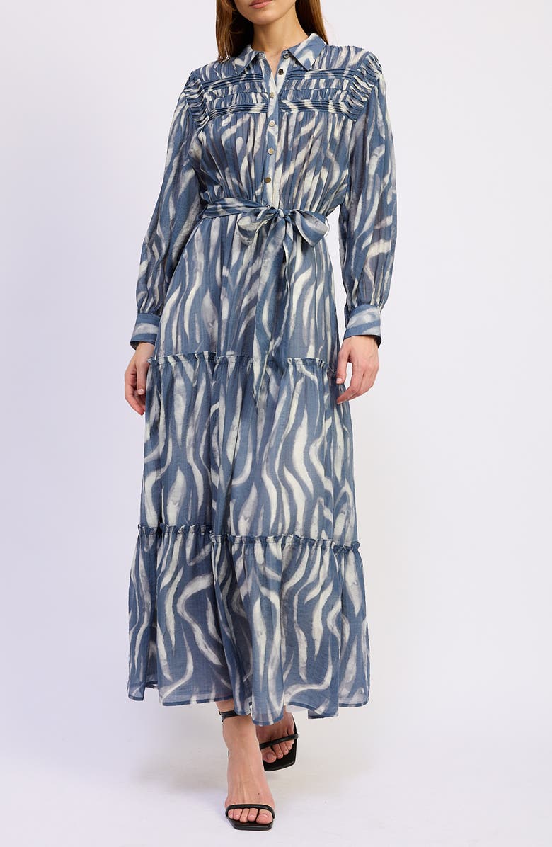 En Saison Cypress Long Sleeve Tie Belt Tiered Maxi Shirtdress, Main, color, Slate Ivory