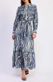 En Saison Cypress Long Sleeve Tie Belt Tiered Maxi Shirtdress