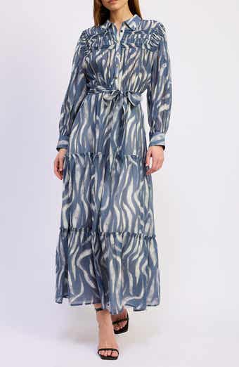 En Saison Cypress Long Sleeve Tie Belt Tiered Maxi Shirtdress
