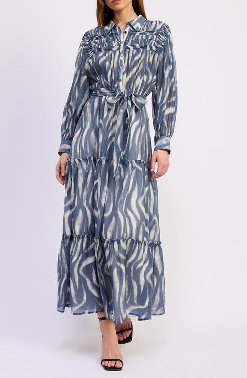 En Saison Cypress Long Sleeve Tie Belt Tiered Maxi Shirtdress In Blue