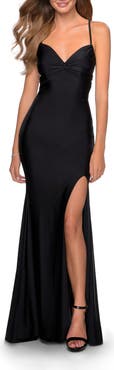 La Femme Form Fitting Dress with Ruched Bow Bodice