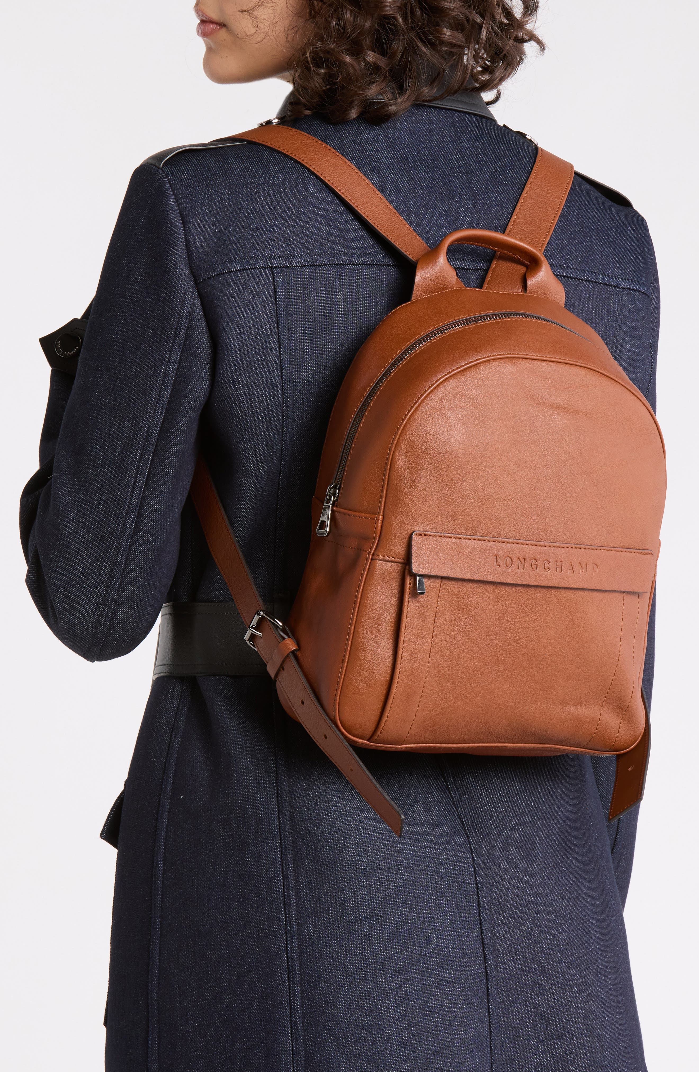 Small 3D Leather Backpack, Alternate, color, COGNAC