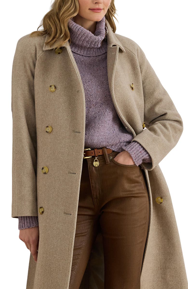 Lauren Ralph Lauren Plaid Belted Double Breasted Coat, Alternate, color, Camel/ Cream Plaid