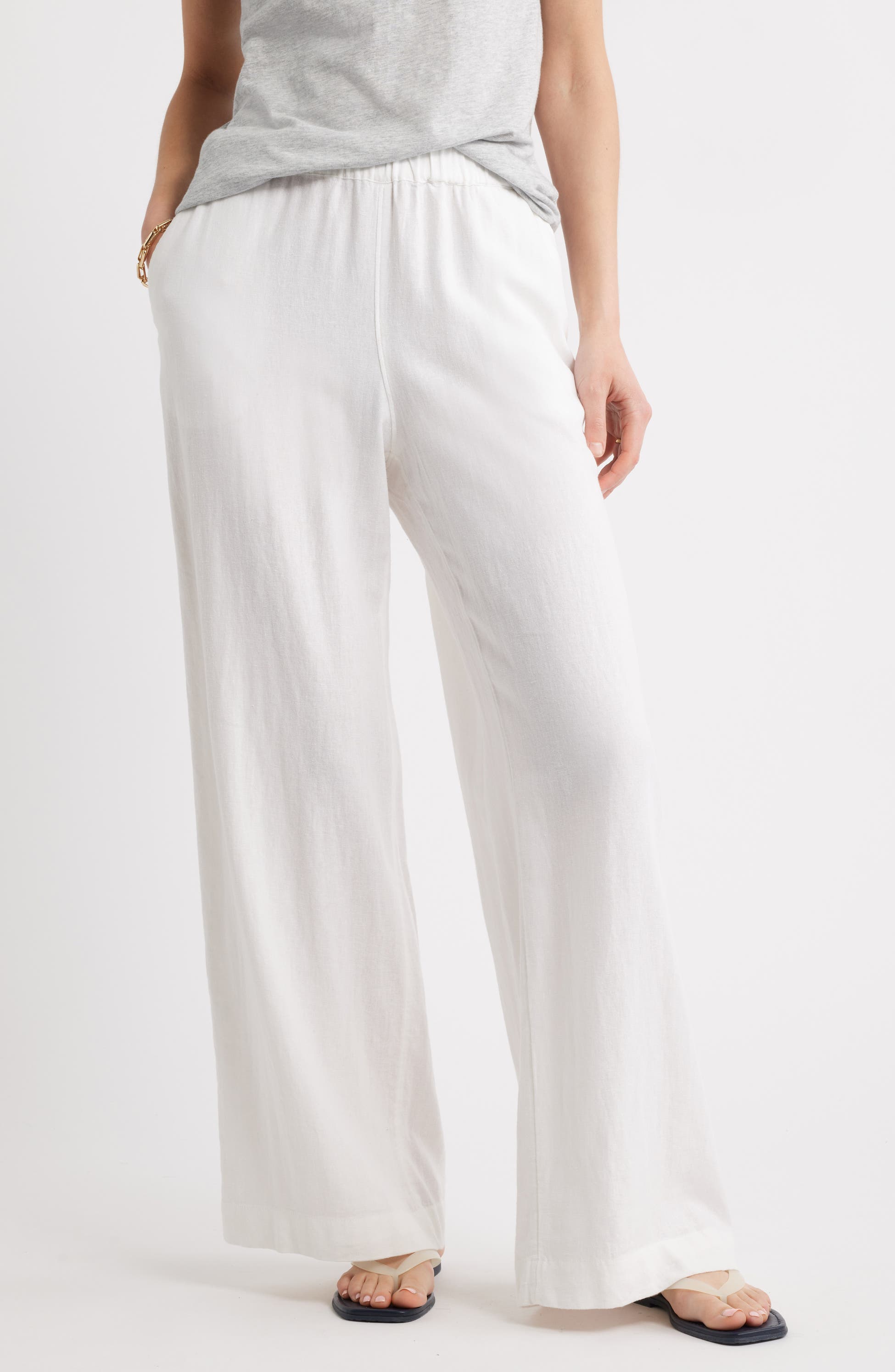 Caslon<sup>®</sup> Wide Leg Pull-On Linen Blend Pants, Main, color, White