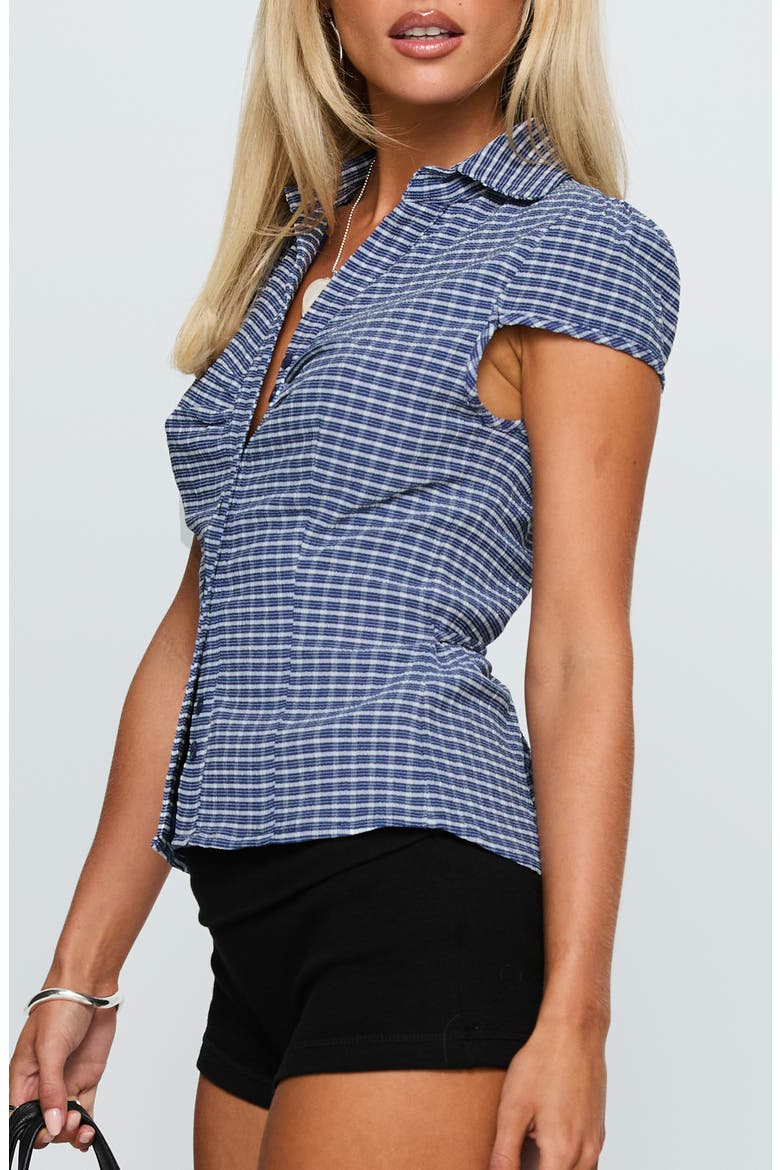 Arianwyn Check Cap Sleeve Button-Up Shirt, Alternate, color, NAVY CHECK