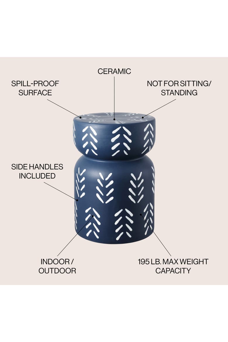 Kiri Bohemian Chevron Hourglass Ceramic Indoor/Outdoor Garden Stool with Handles, Weather-Resistant Accent Side Table, Alternate, color, Navy/White