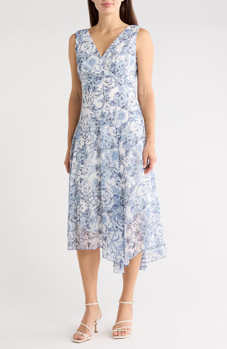 Connected Apparel Floral Asymmetric Hem Midi Dress, Main, color, Blue