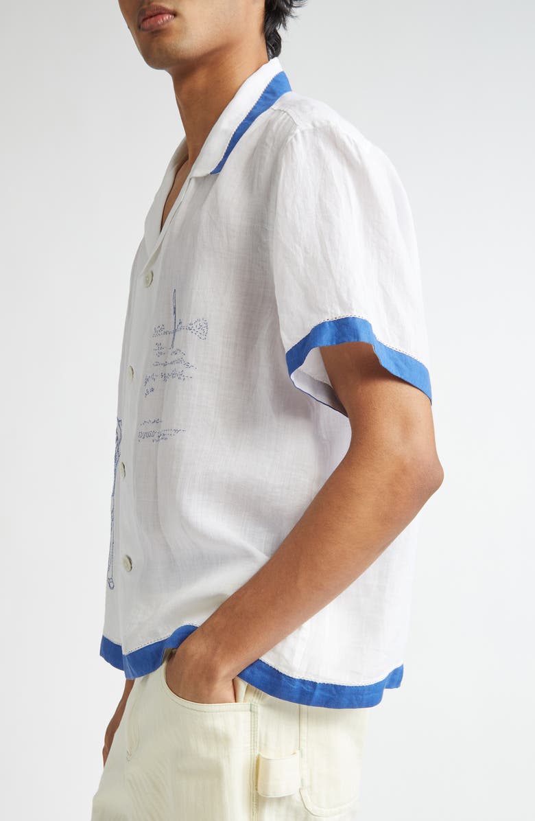 Bode Club Champion Short Sleeve Linen Camp Shirt, Alternate, color, White/ Blue