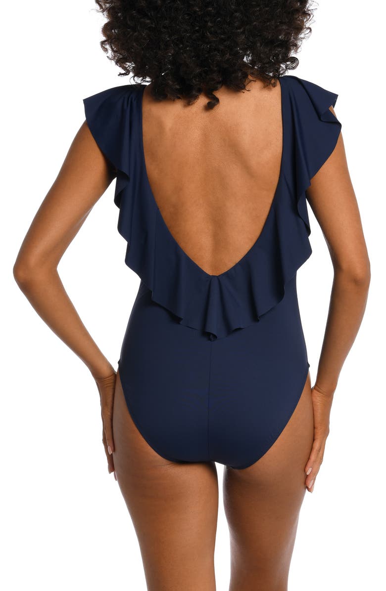 La Blanca Ruffle Plunge One-Piece Swimsuit, Alternate, color, Indigo