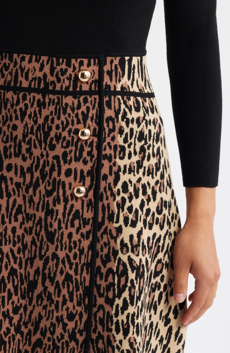 Eliza J Leopard Detail Long Sleeve Sweater Dress, Alternate, color, 