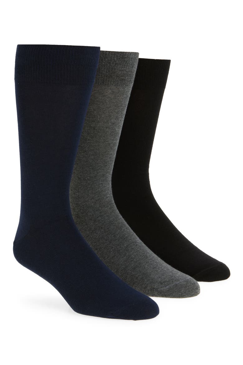 Assorted 3-Pack Combed Cotton Blend Dress Socks, Main, color, CHARCOAL BLACK NAVY