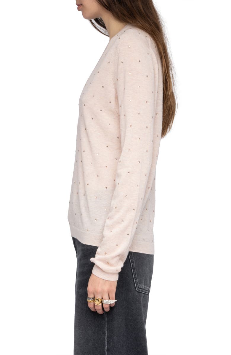 Zadig & Voltaire Rivy Rhinestone Emellished Cashmere V-Neck Sweater, Alternate, color, Pearly