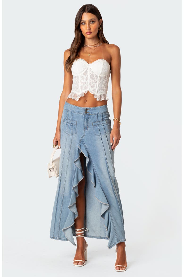 Valencia Ruffle Slit Front Denim Maxi Skirt, Alternate, color, BLUE