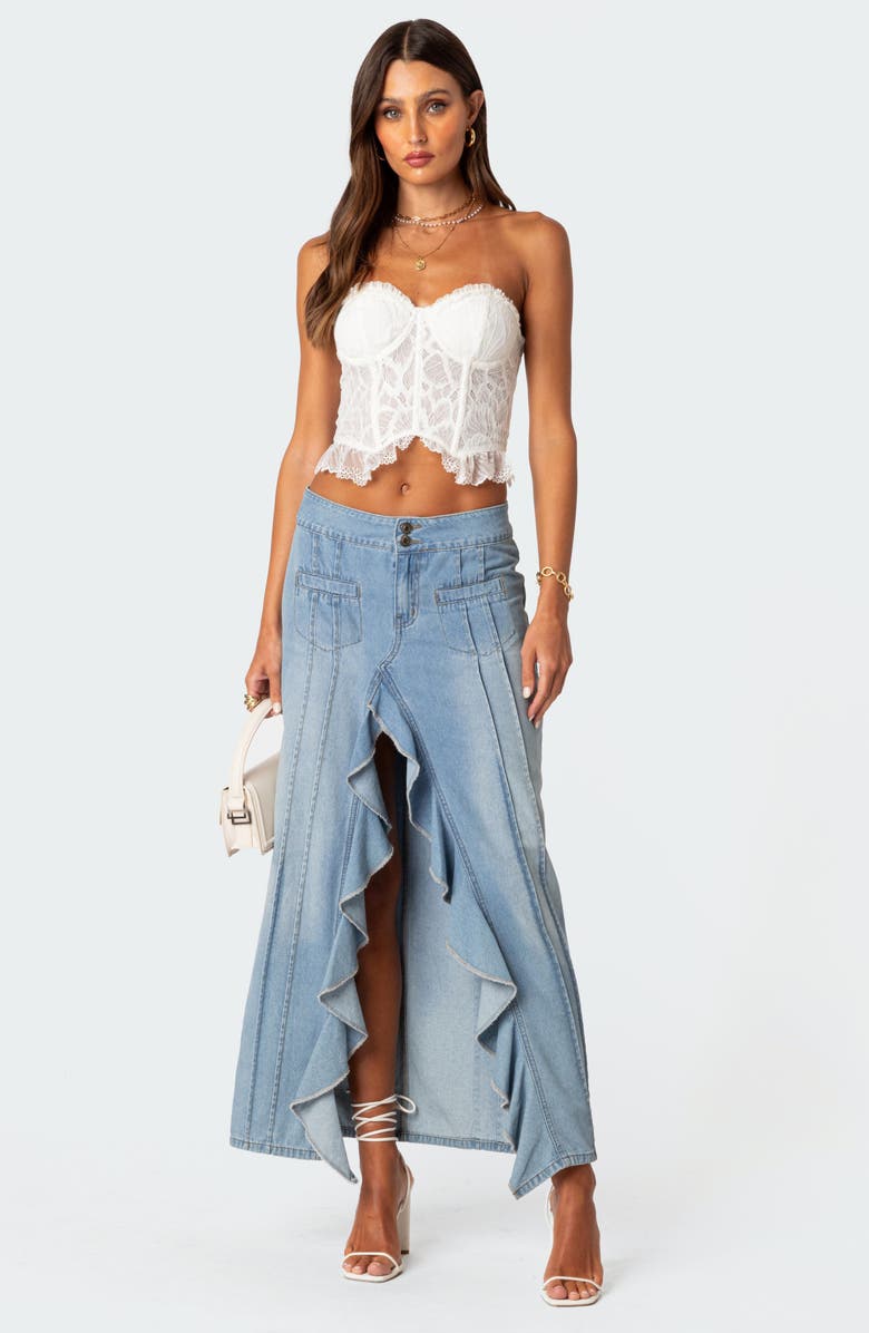 EDIKTED Valencia Ruffle Slit Front Denim Maxi Skirt, Alternate, color, Blue