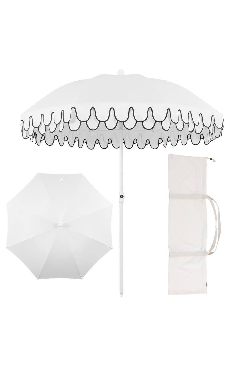 Horizon Coastal Scalloped Edge Beach Umbrella with Fringe, Push-Button Tilt, UV 50 Outdoor Canopy and Portable Carry Bag, Main, color, White - White Pole