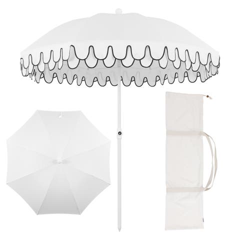 Horizon 6.5 ft. Classic MidCentury Scalloped Fringe Market Beach Umbrella with Push-Button Tilt