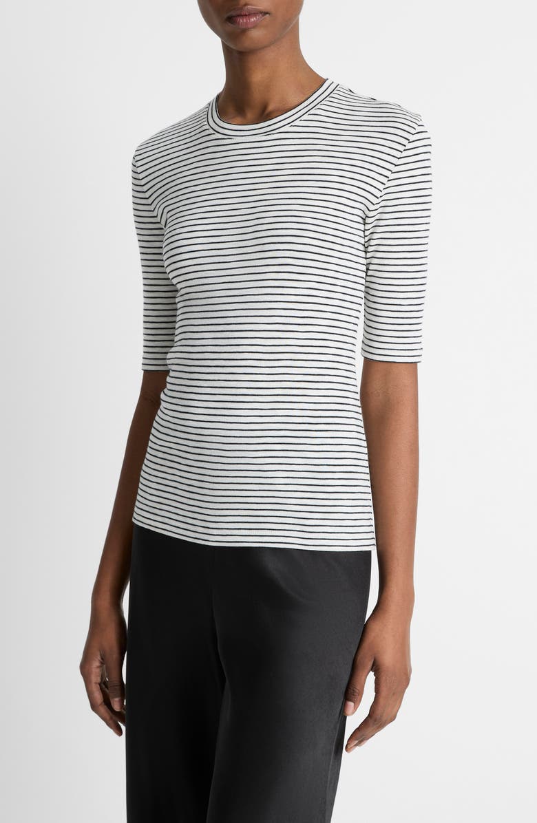 Vince Stripe Elbow Sleeve Cotton Blend Knit Top, Main, color, Off White Combo