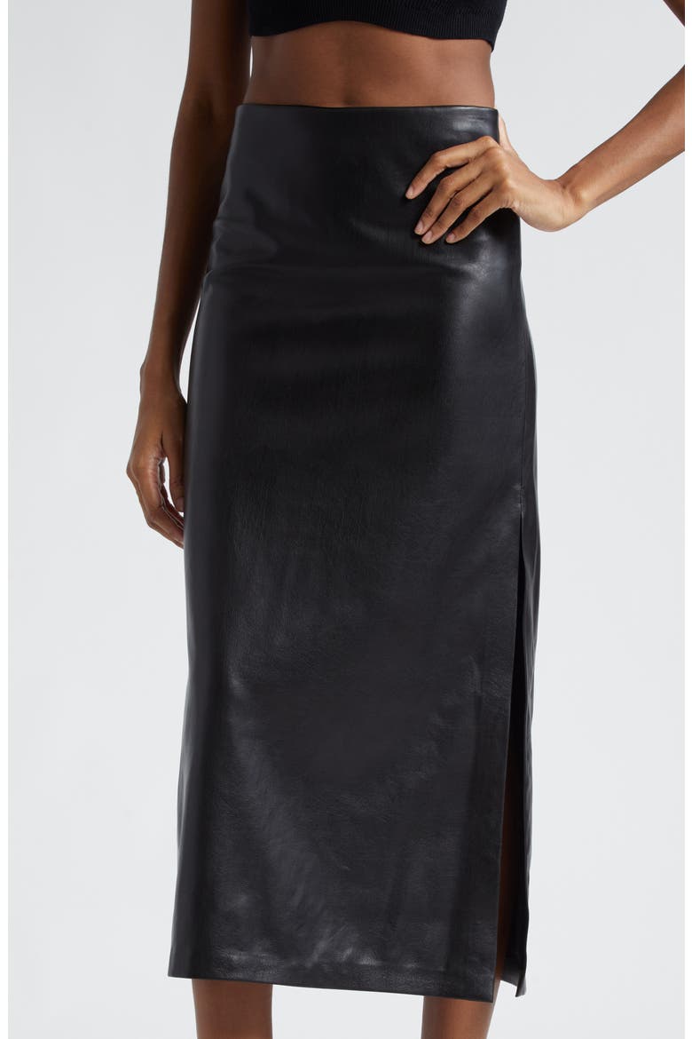Maeve Back Slit Faux Leather Midi Skirt, Alternate, color, BLACK