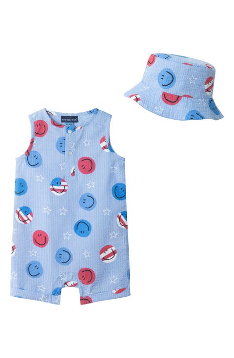 Cotton Blend Seersucker Romper & Hat Set (Baby)