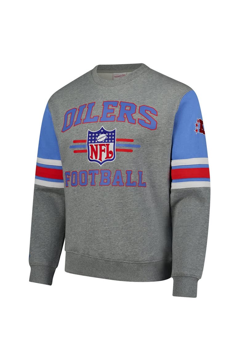 Men's Mitchell & Ness Heather Gray Houston Oilers All Over 4.0 Vintage Logo Pullover Sweatshirt, Alternate, color, Heather Gray