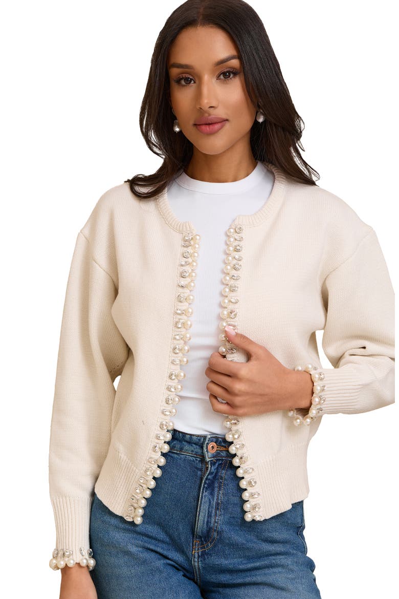 Faux Pearl & Crystal Cardigan, Alternate, color, WHITE