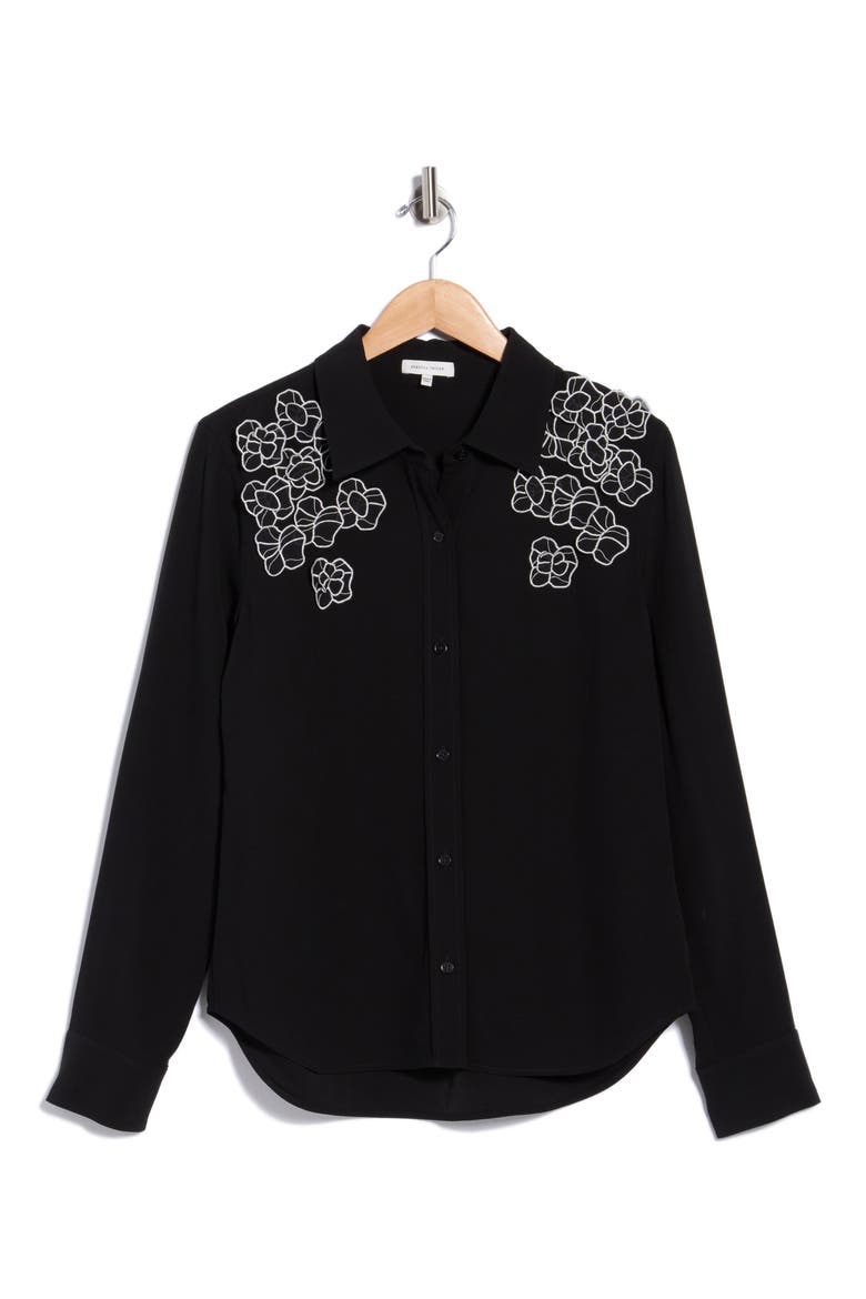 Mia Floral Appliqué Long Sleeve Crepe Button-Up Shirt, Main, color, BLACK
