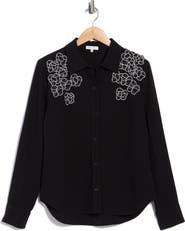 Rebecca Taylor Mia Floral Appliqué Long Sleeve Crepe Button-Up Shirt