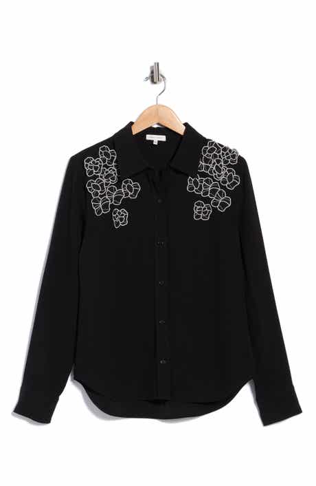 Mia Floral Appliqué Long Sleeve Crepe Button-Up Shirt