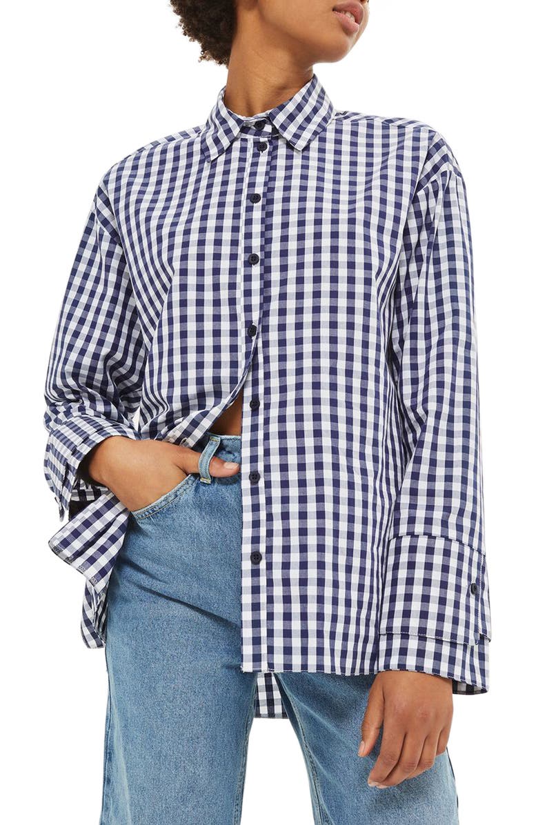 Topshop Double Cuff Gingham Shirt, Main, color, 