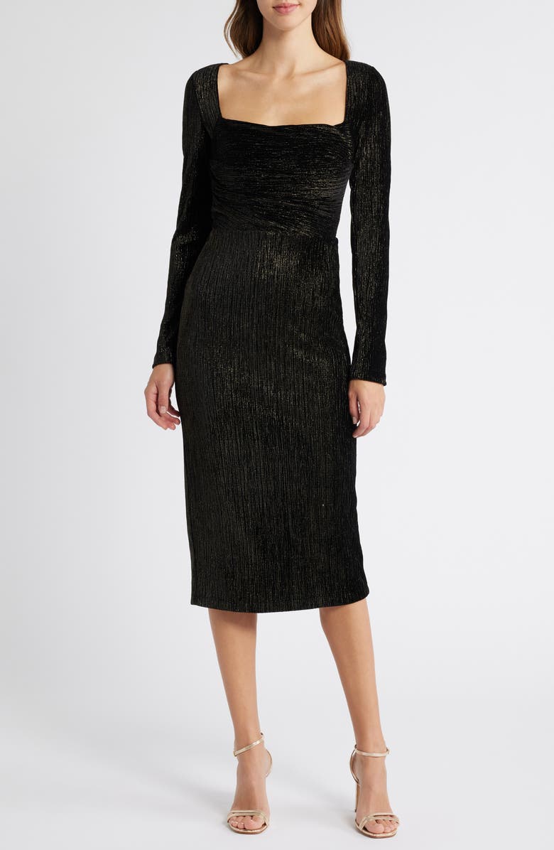 Black Halo Xander Metallic Long Sleeve Sheath Cocktail Dress, Main, color, Black Gold