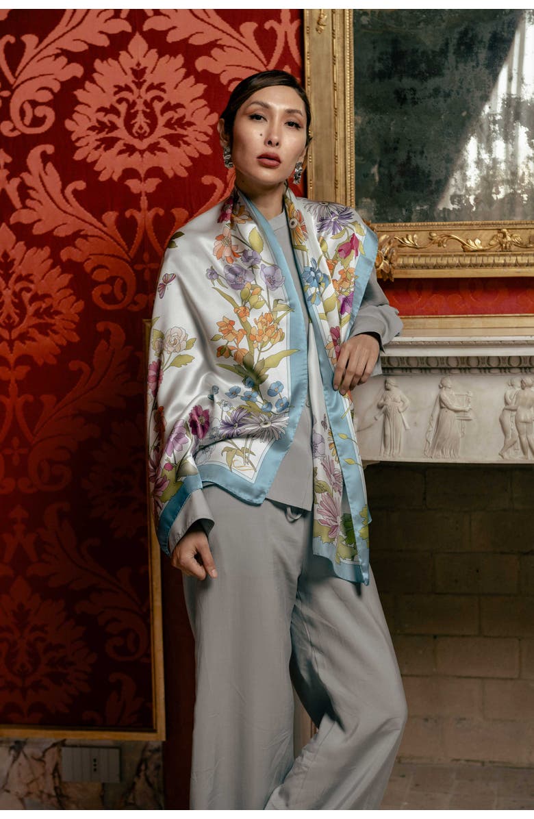 Elizabetta Bouquet - Long Satin Silk Scarf for Women, Main, color, Sky Blue