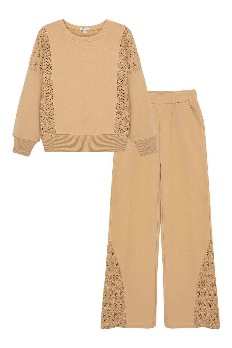 Kids' Crochet Inset French Terry Sweatshirt & Sweatpants Set, Main, color, TAN