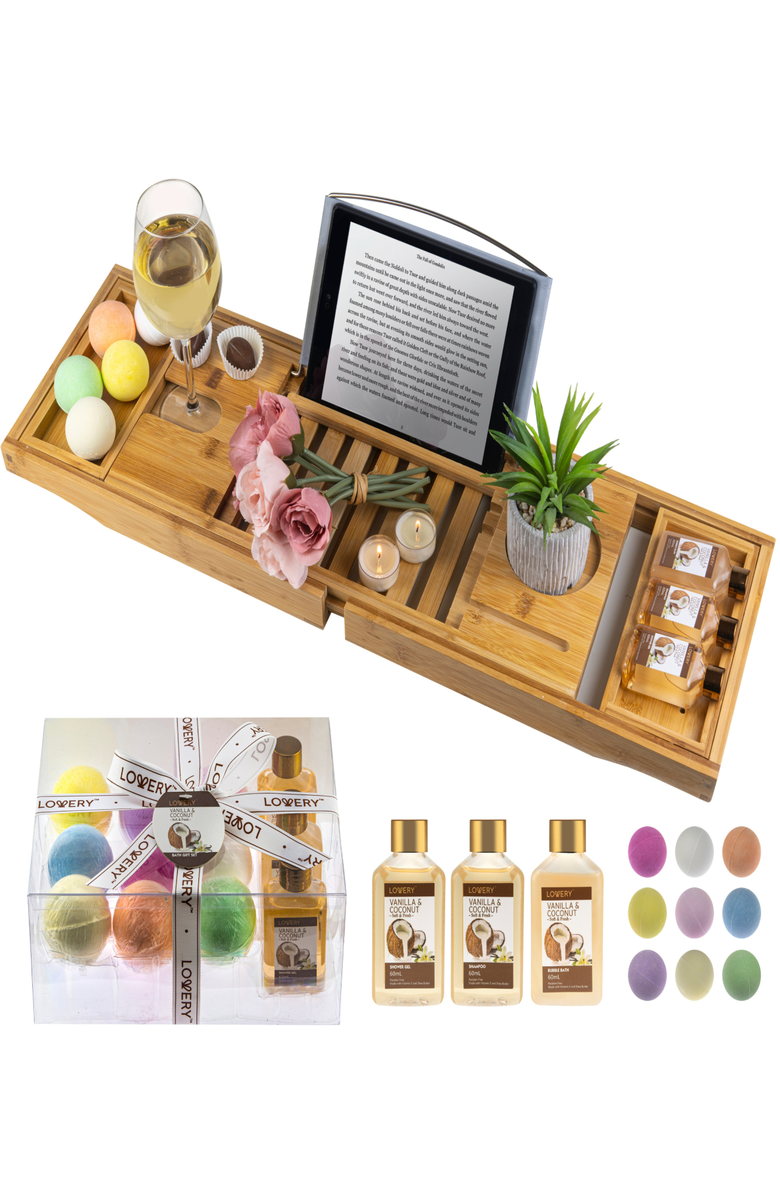 Lovery Premium Eco-Friendly Bathtub Caddy Gift Set, Main, color, Light Brown Bamboo