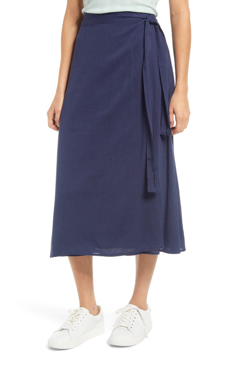 Faux Wrap Midi Skirt, Main, color, NAVY PEACOAT