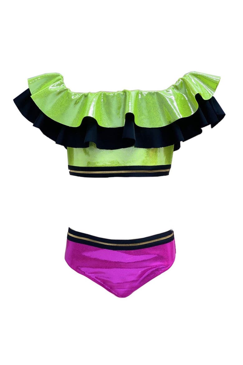 Shimmer Off-Shoulder Ruffle Two-Piece Bikini, Little Kid-Big Kid, Main, color, Green