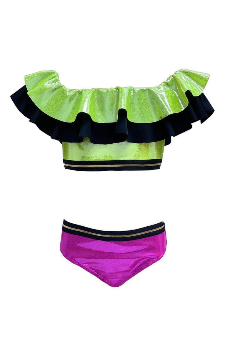 NESSI BYRD Shimmer Off-Shoulder Ruffle Two-Piece Bikini, Little Kid-Big Kid, Main, color, Green