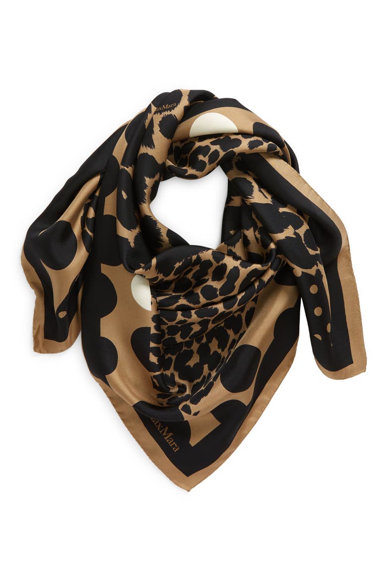 Leopard Print & Polka Dot Silk Scarf, Alternate, color, BLACK