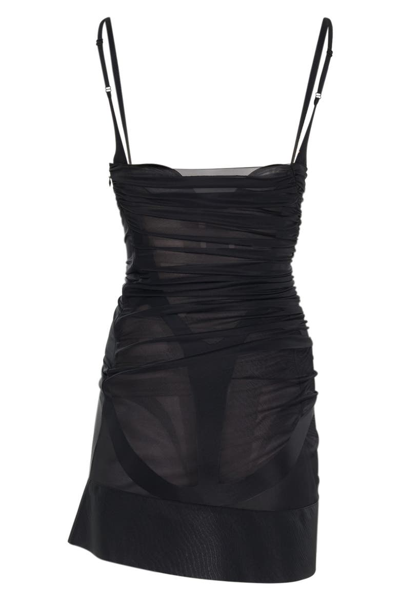 Corseted Gathered Waist Semisheer Body-Con Mesh Minidress, Alternate, color, BLACK
