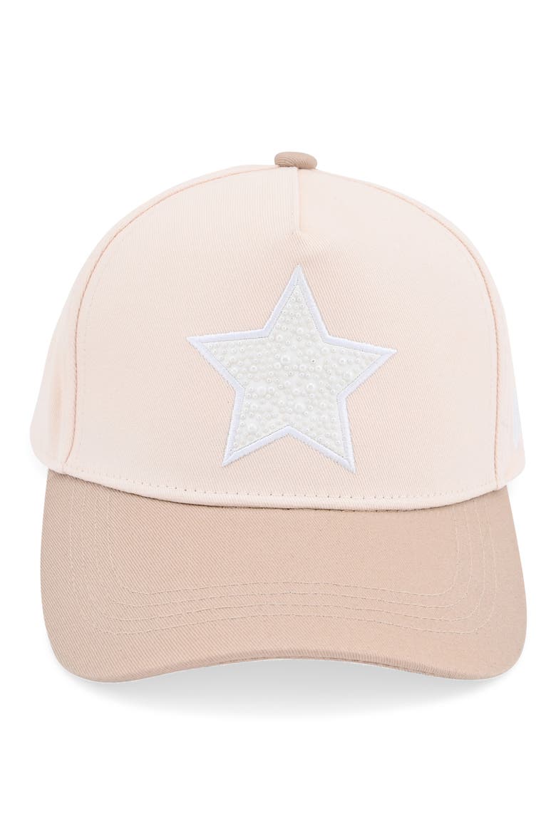 Two Tone Faux Pearl Embroidered Star Patch Baseball Cap, Main, color, BONE/ KHAKI
