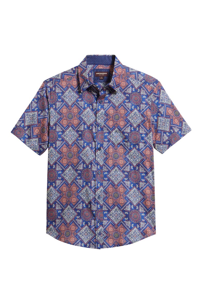 Logan Geo Print Short Sleeve Cotton Blend Button-Up Shirt, Alternate, color, NAVY / RED BANDANA