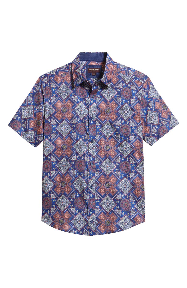 Johnston & Murphy Logan Geo Print Short Sleeve Cotton Blend Button-Up Shirt, Main, color, Navy / Red Bandana