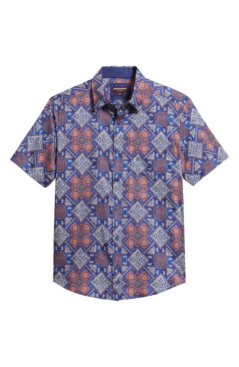 Logan Geo Print Short Sleeve Cotton Blend Button-Up Shirt