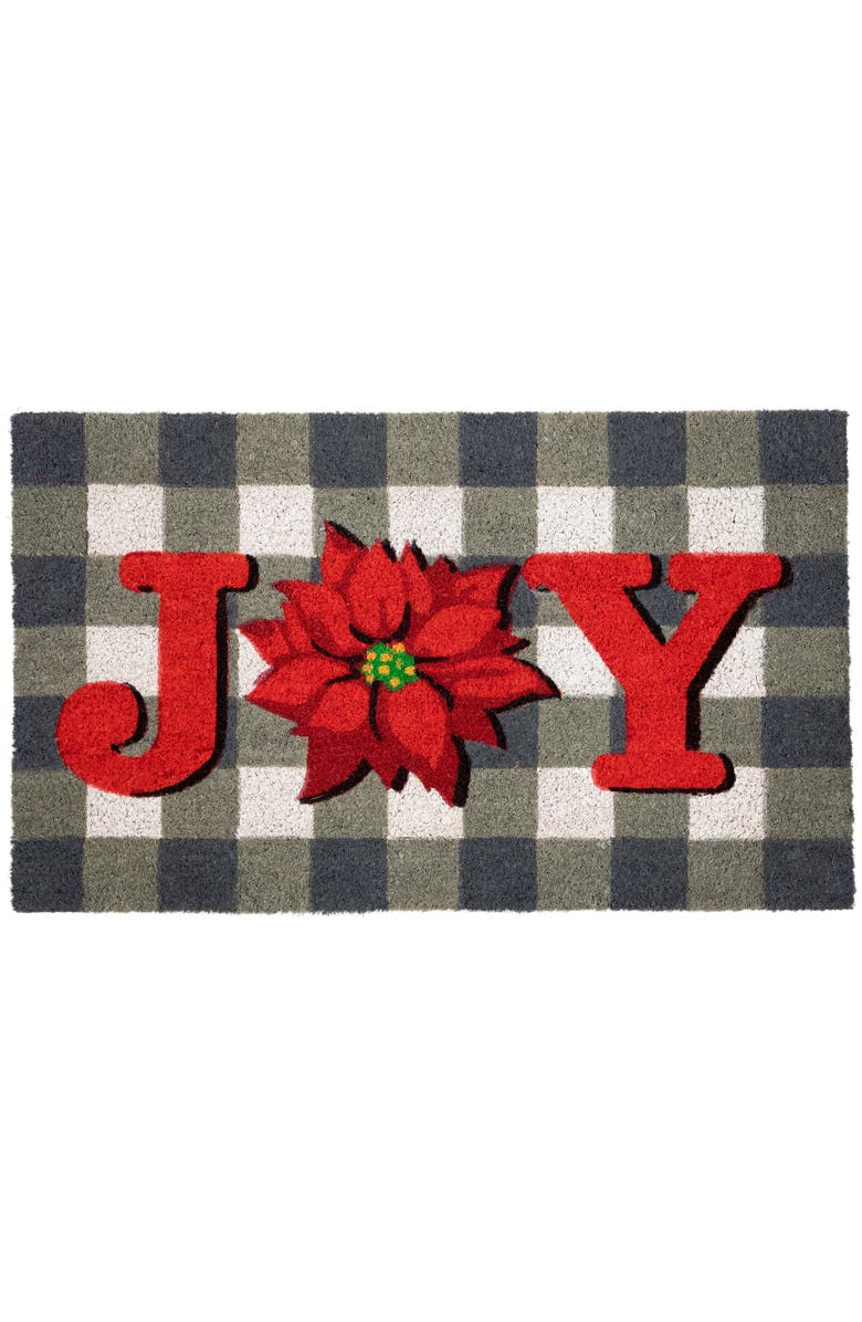 Northlight Gray and Red Poinsettia "Joy" Christmas Natural Coir Outdoor Doormat 18" x 30", Main, color, Gray