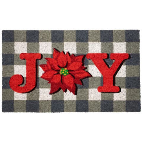 Gray and Red Poinsettia "Joy" Christmas Natural Coir Outdoor Doormat 18" x 30"